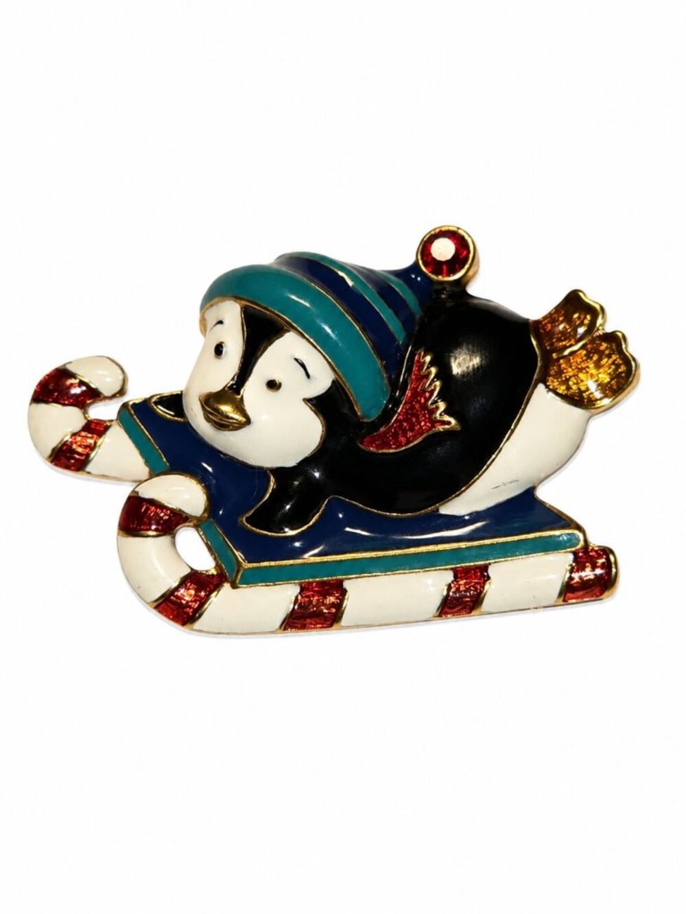 Vintage 90s Christopher Radko Goldtone Enamel Penguin Sledding Christmas Brooch